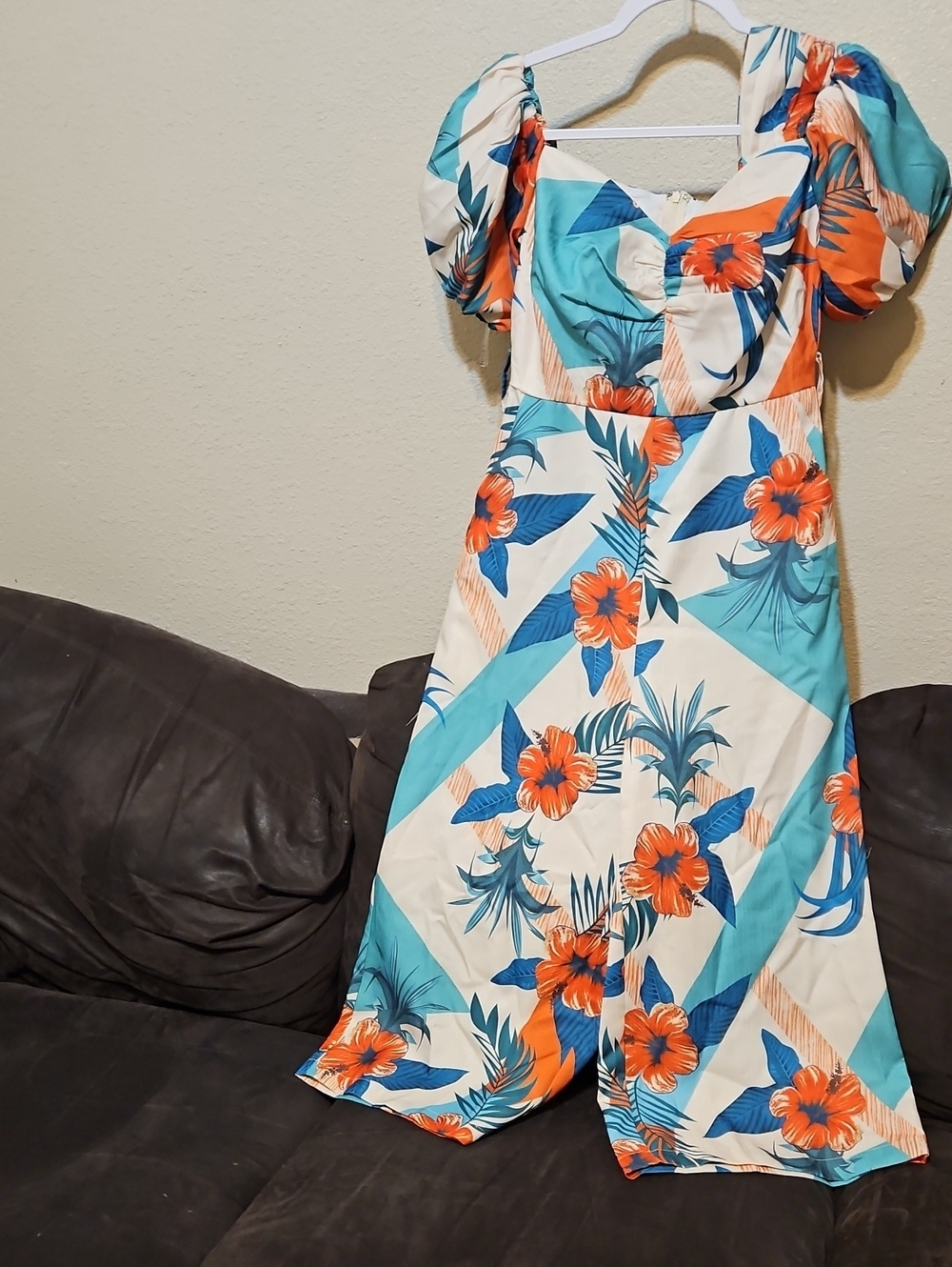 L'ATISTE White, Teal & Orange Tropical Puff Sleeve Jumpsuit